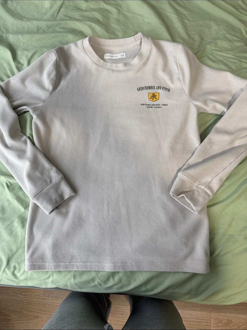 Abercrombie & Fitch Kids Long-Sleeve Waffle Tee in Light Beige with Yellow Logo